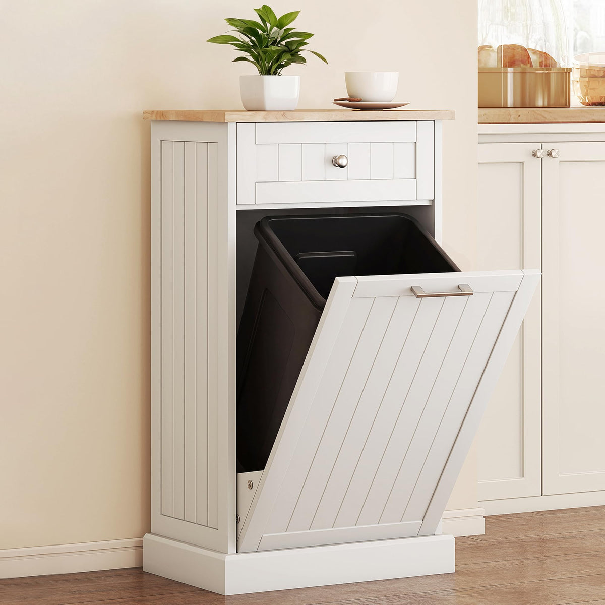 White Wooden 10 Gallon Tilt-Out Trash Cabinet with Drawer Z423307