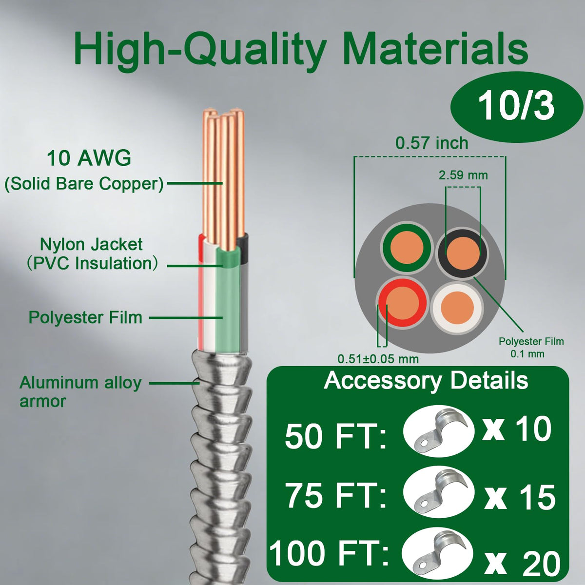 10 AWG Metal Clad Cable with Ground 50FT J238442