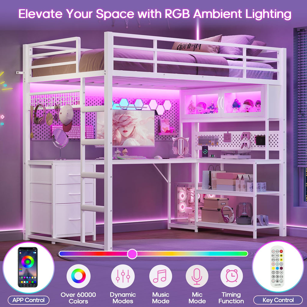 White Twin Gaming Loft Bed with Desk A935638