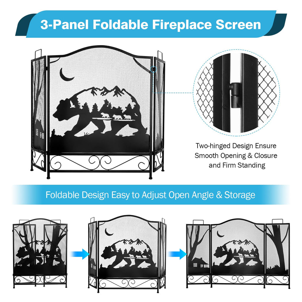 3-Panel Folding Metal Fireplace Screen Black T9022