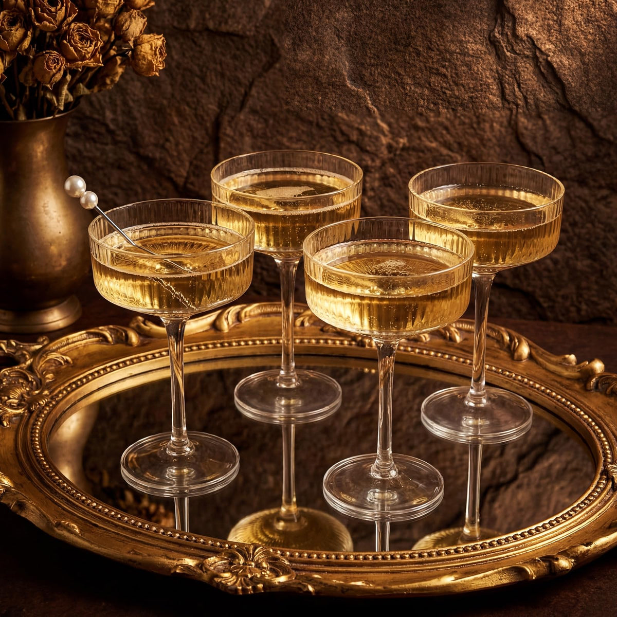 Set of 6 8 oz Clear Ribbed Coupe Glasses I37998