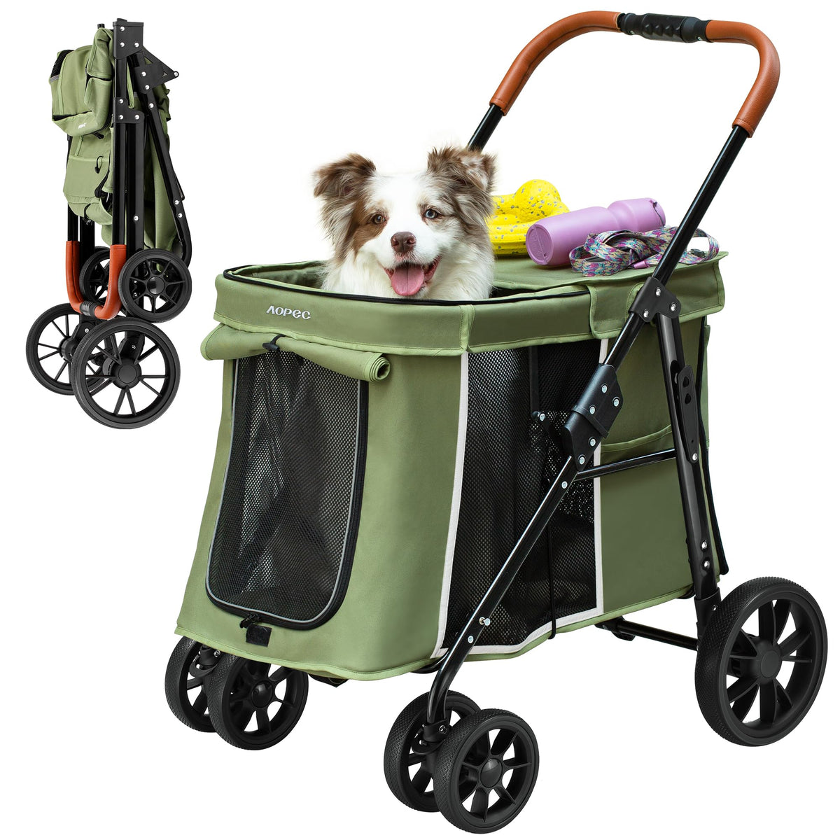 Medium Dog Stroller, One-Touch Folding, 360° Rotating Front Wheels, 80 lbs Weight Capacity, Green G935