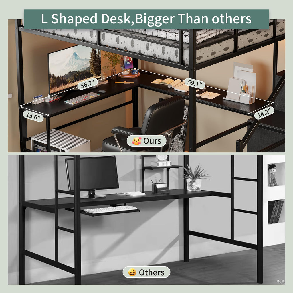 Full Size Metal Loft Bed with Desk & Storage Staircase E27552
