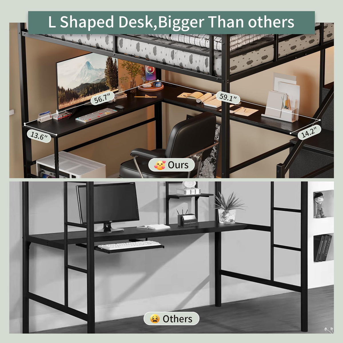 Full Size Metal Loft Bed with Desk & Storage Staircase E27552