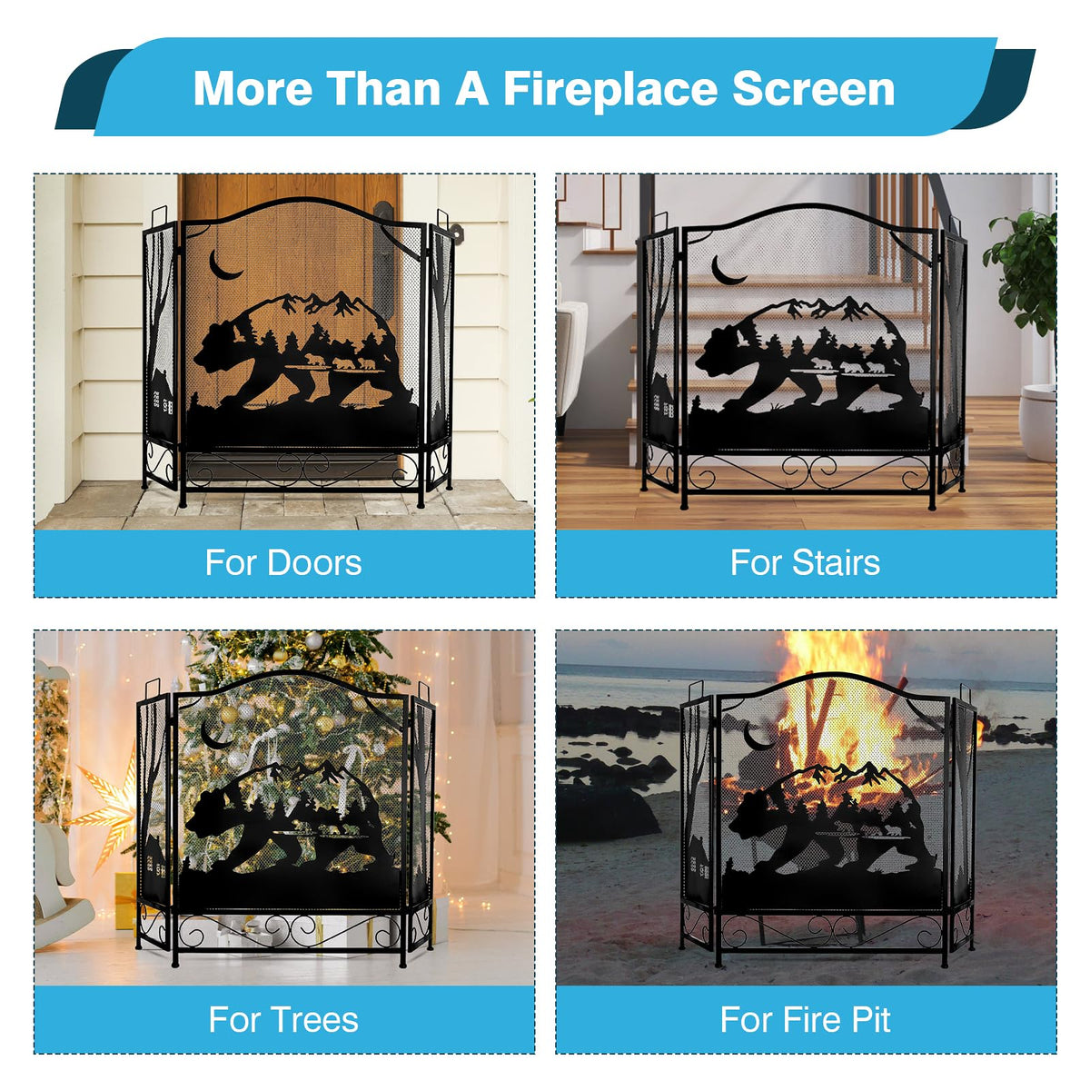 3-Panel Folding Metal Fireplace Screen Black T9022