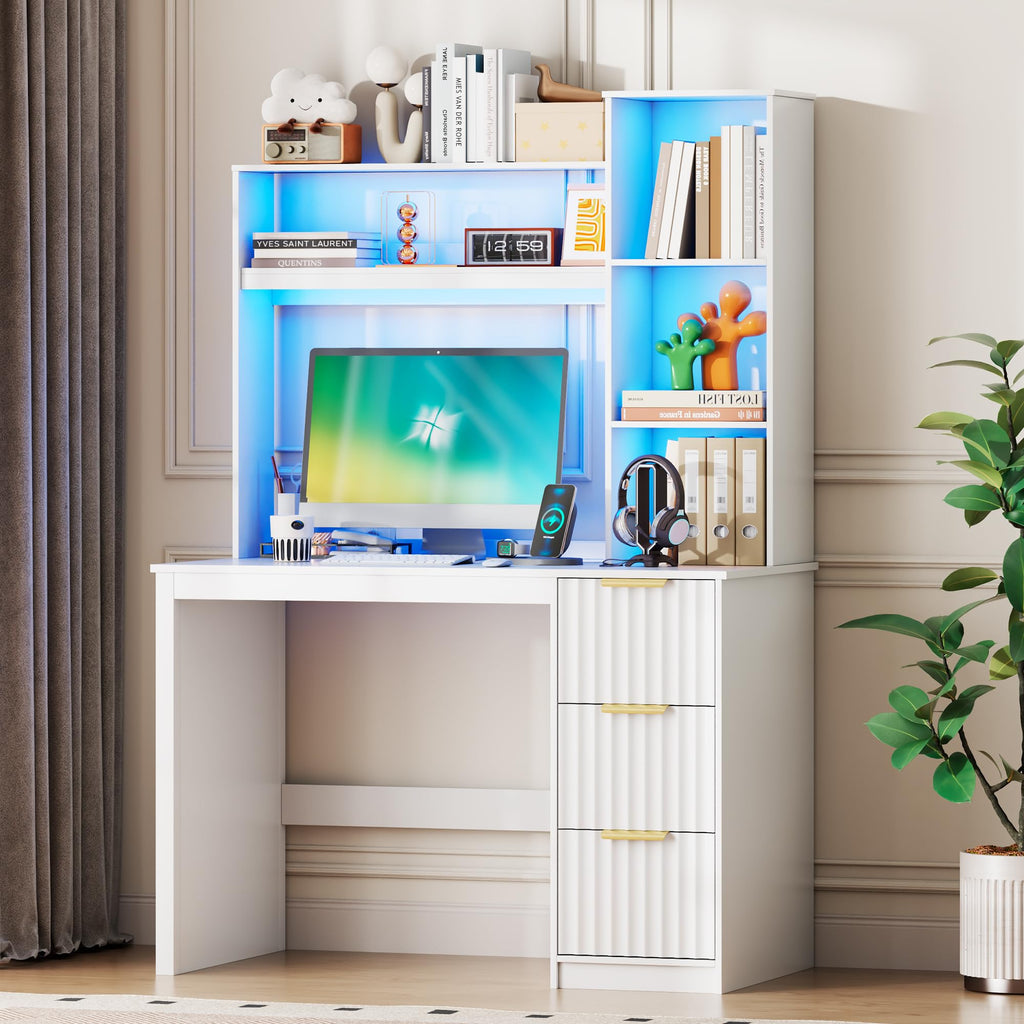 40” White Home Office Desk with Hutch and Drawers N276637