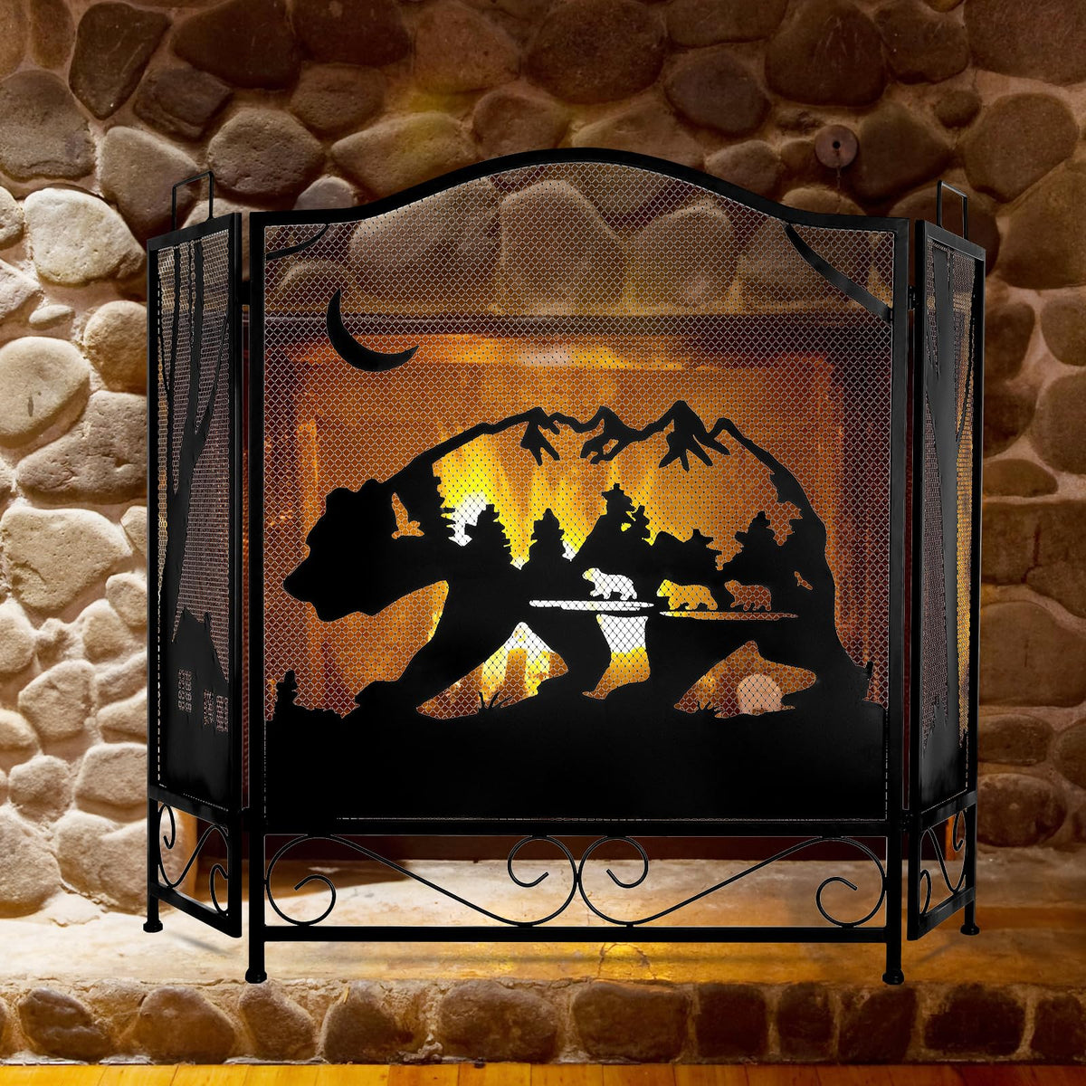 3-Panel Folding Metal Fireplace Screen Black T9022