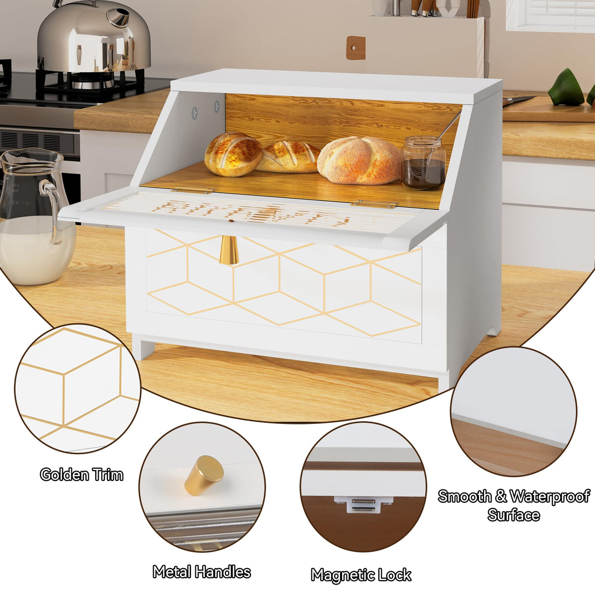 Double Layer Wooden Bread Box with Golden Trim X7668