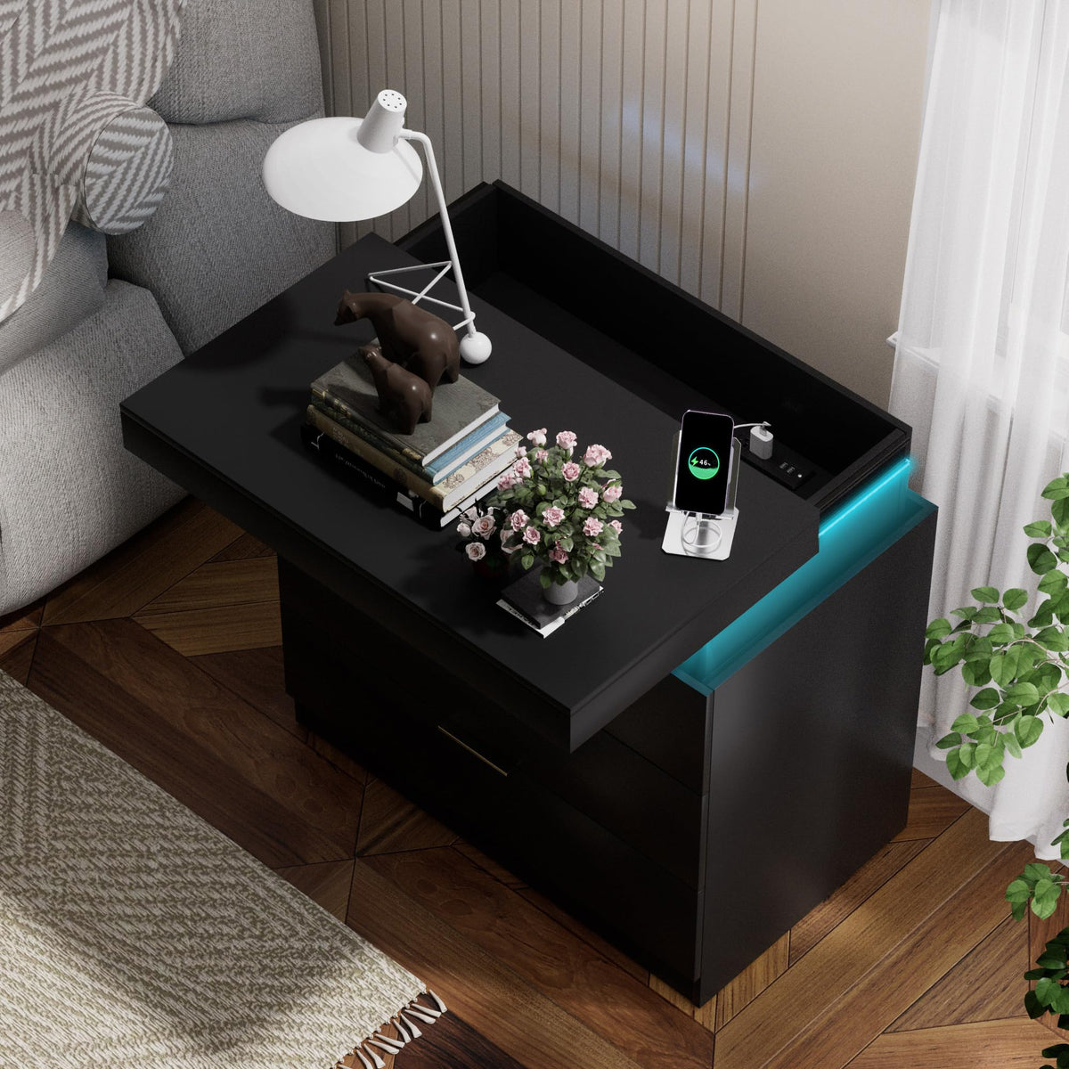 Black Nightstand with Charging Station and LED Lights I6667