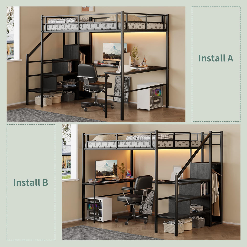 Full Size Metal Loft Bed with Desk & Storage Staircase E27552
