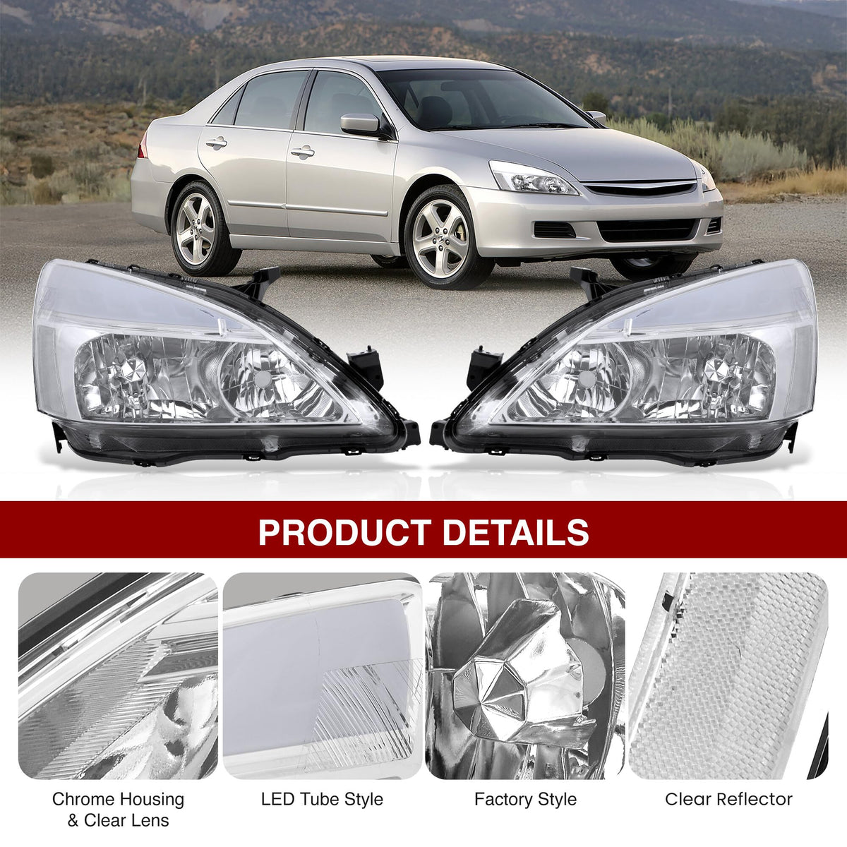 Chrome Housing Clear Lens LED Head Lights Turn Signal Lamps Assembly Pair X63602