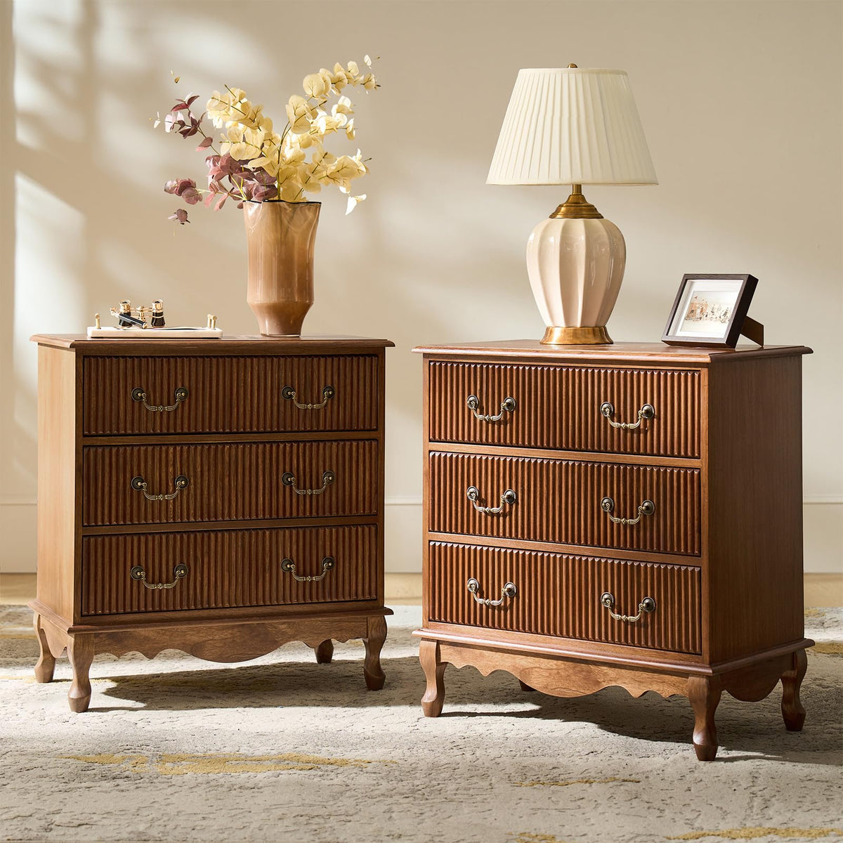 Set of 2 Wood Side Table with 3 Drawers and Charging Station R30644