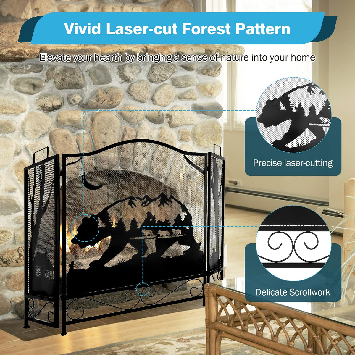3-Panel Folding Metal Fireplace Screen Black T9022