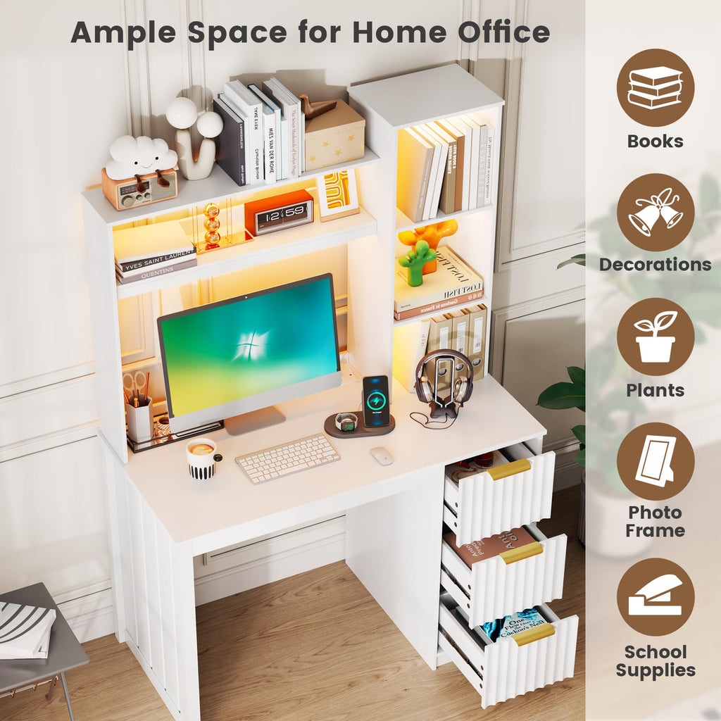 40” White Home Office Desk with Hutch and Drawers N276637