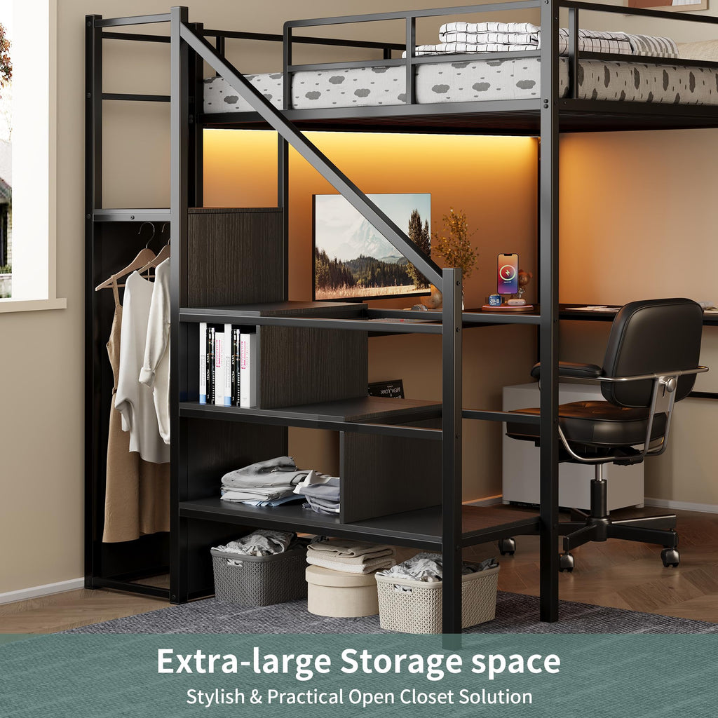 Full Size Metal Loft Bed with Desk & Storage Staircase E27552