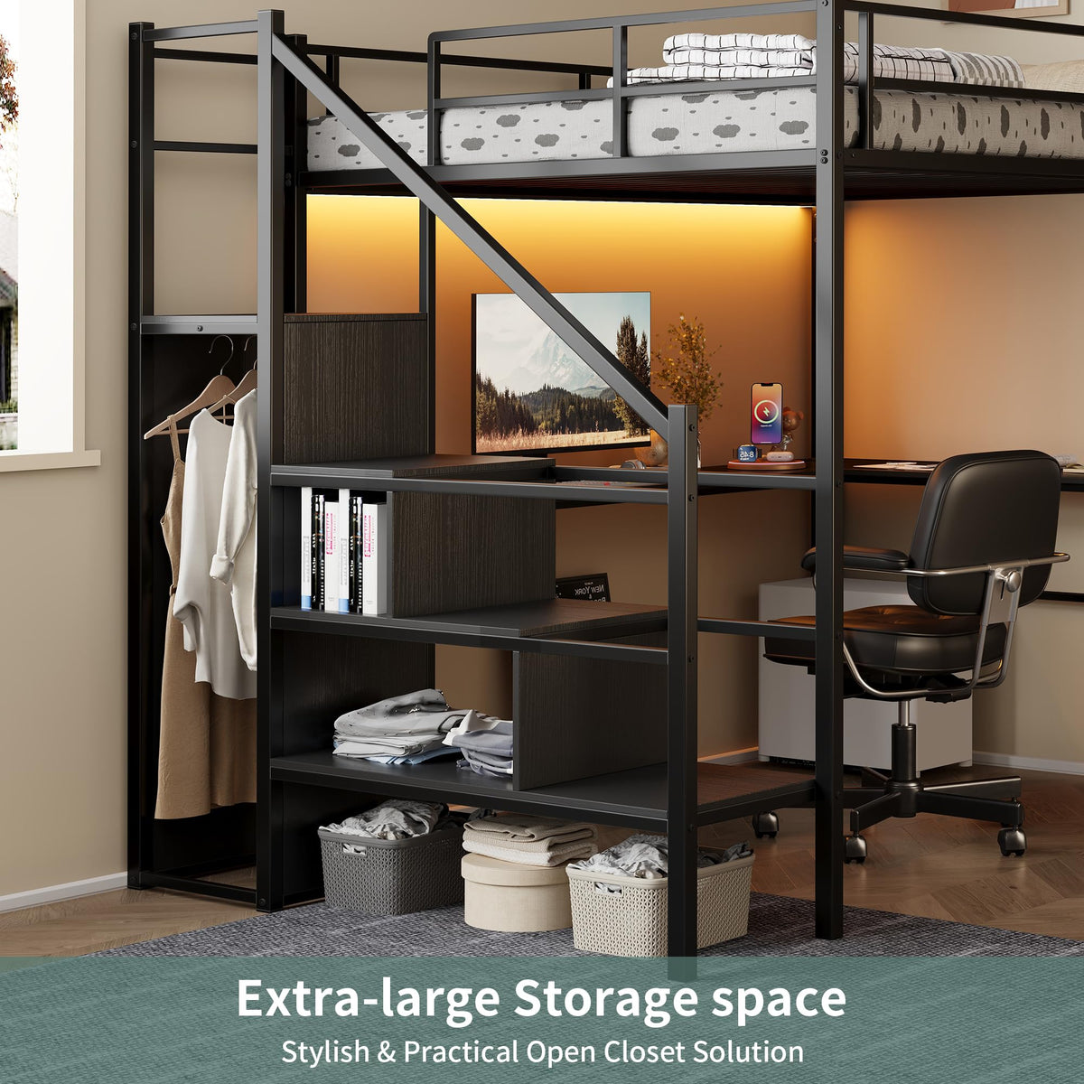 Full Size Metal Loft Bed with Desk & Storage Staircase E27552