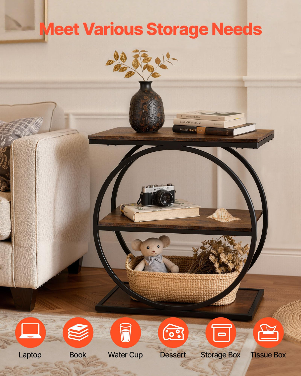 3-Tier Narrow Side Table with Open Storage Shelves G694372