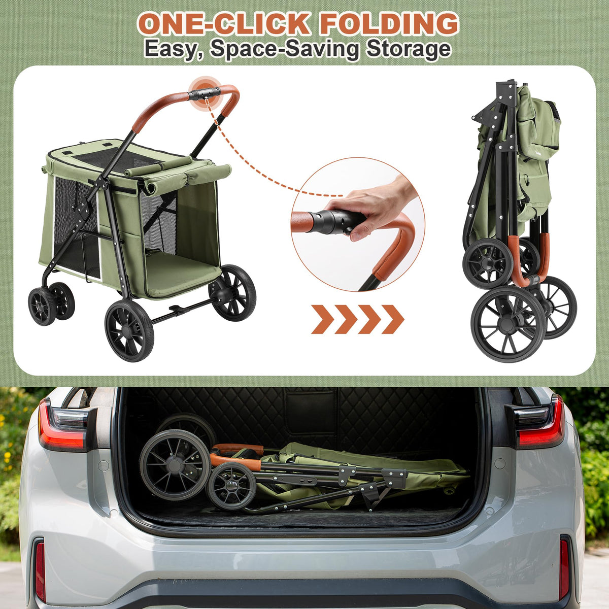 Medium Dog Stroller, One-Touch Folding, 360° Rotating Front Wheels, 80 lbs Weight Capacity, Green G935