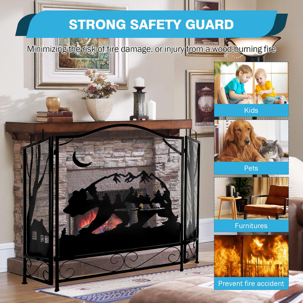 3-Panel Folding Metal Fireplace Screen Black T9022