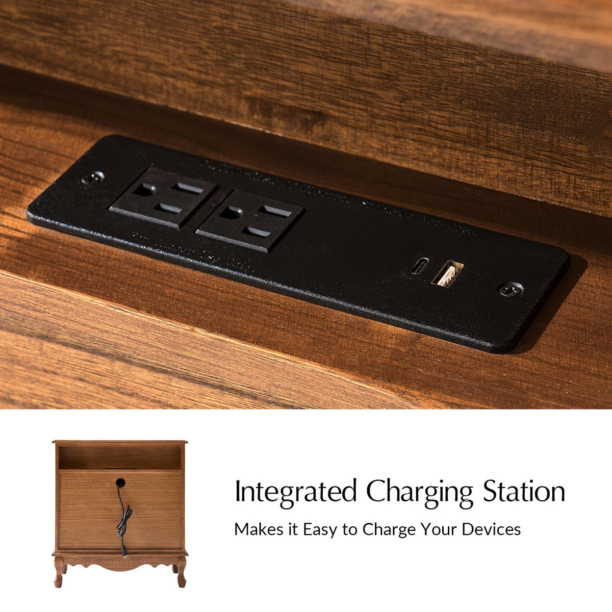 Set of 2 Wood Side Table with 3 Drawers and Charging Station R30644