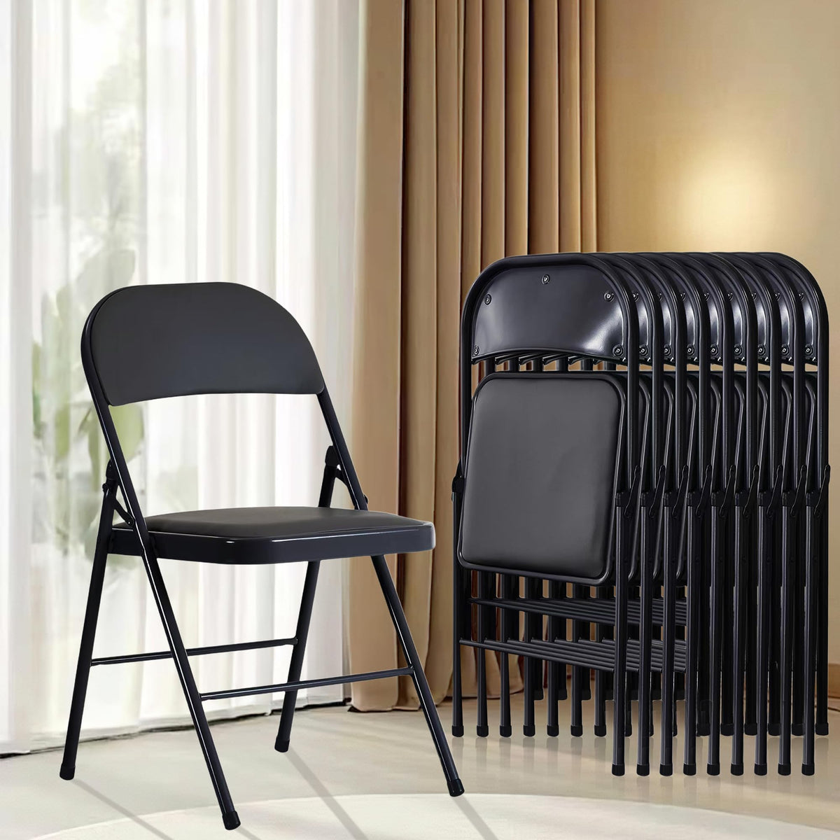 Black Folding Chairs 10-Pack Padded Heavy Duty Steel Frame A99978