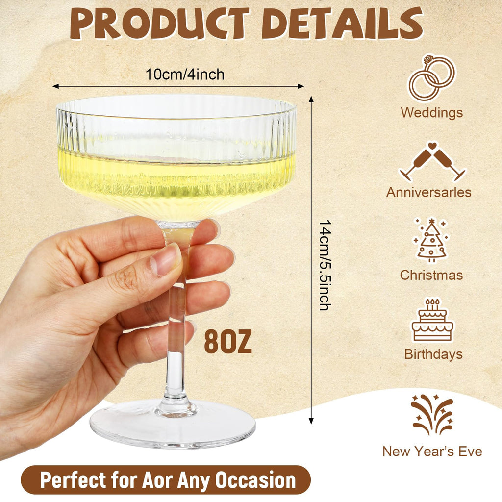 Set of 6 8 oz Clear Ribbed Coupe Glasses I37998