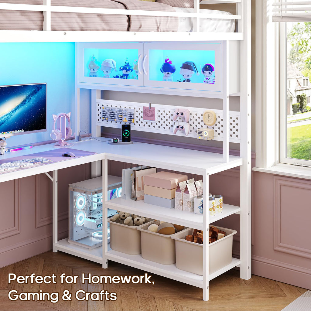 White Twin Gaming Loft Bed with Desk A935638