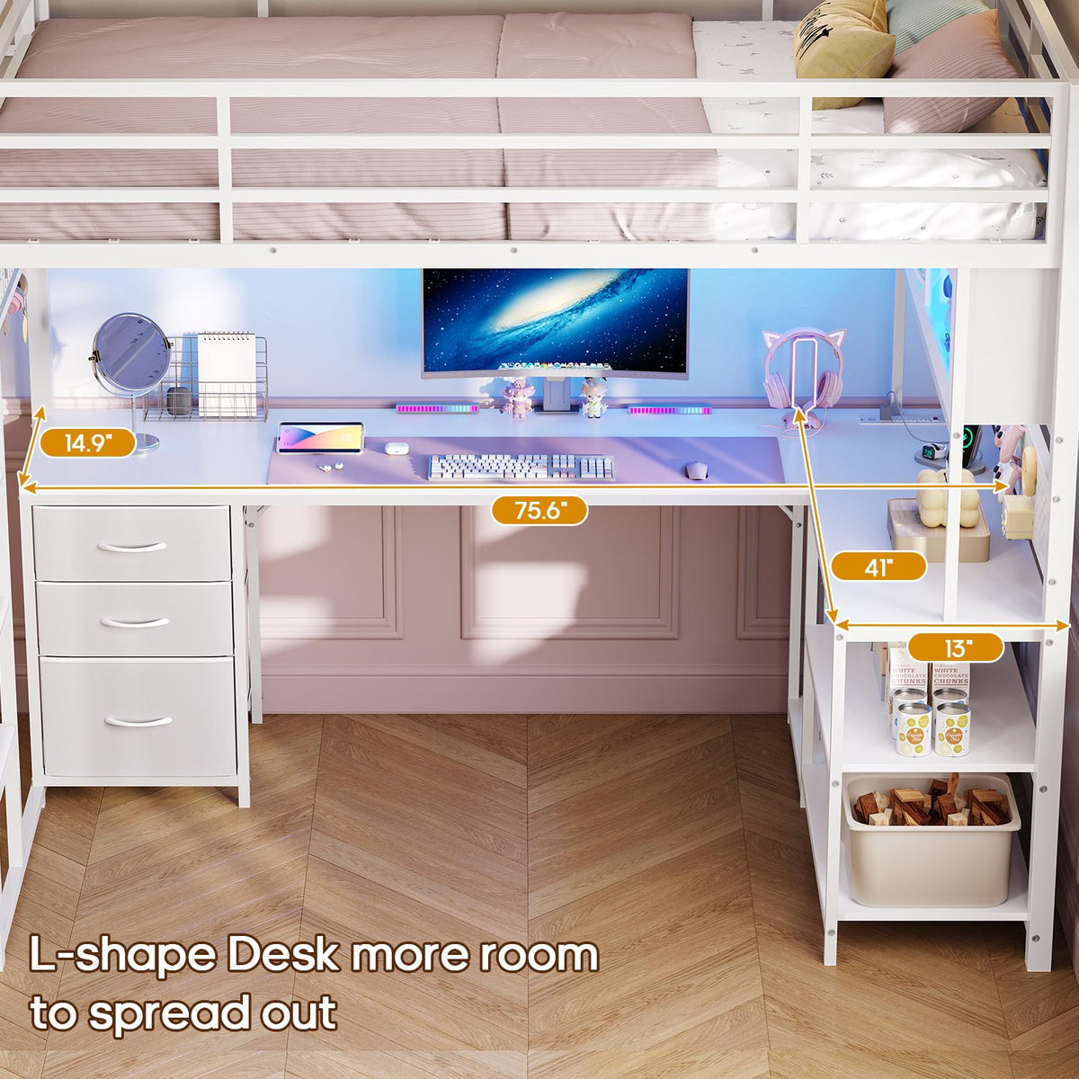 White Twin Gaming Loft Bed with Desk A935638