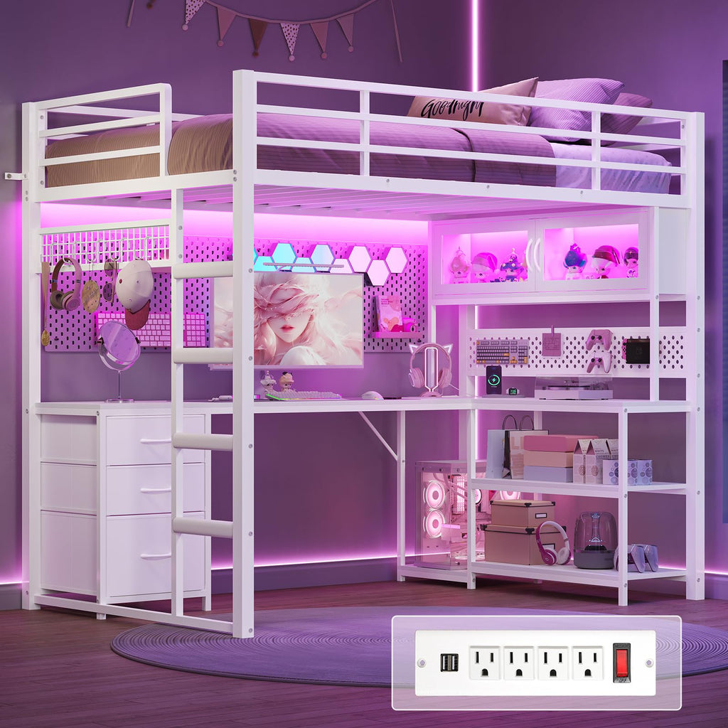 White Twin Gaming Loft Bed with Desk A935638