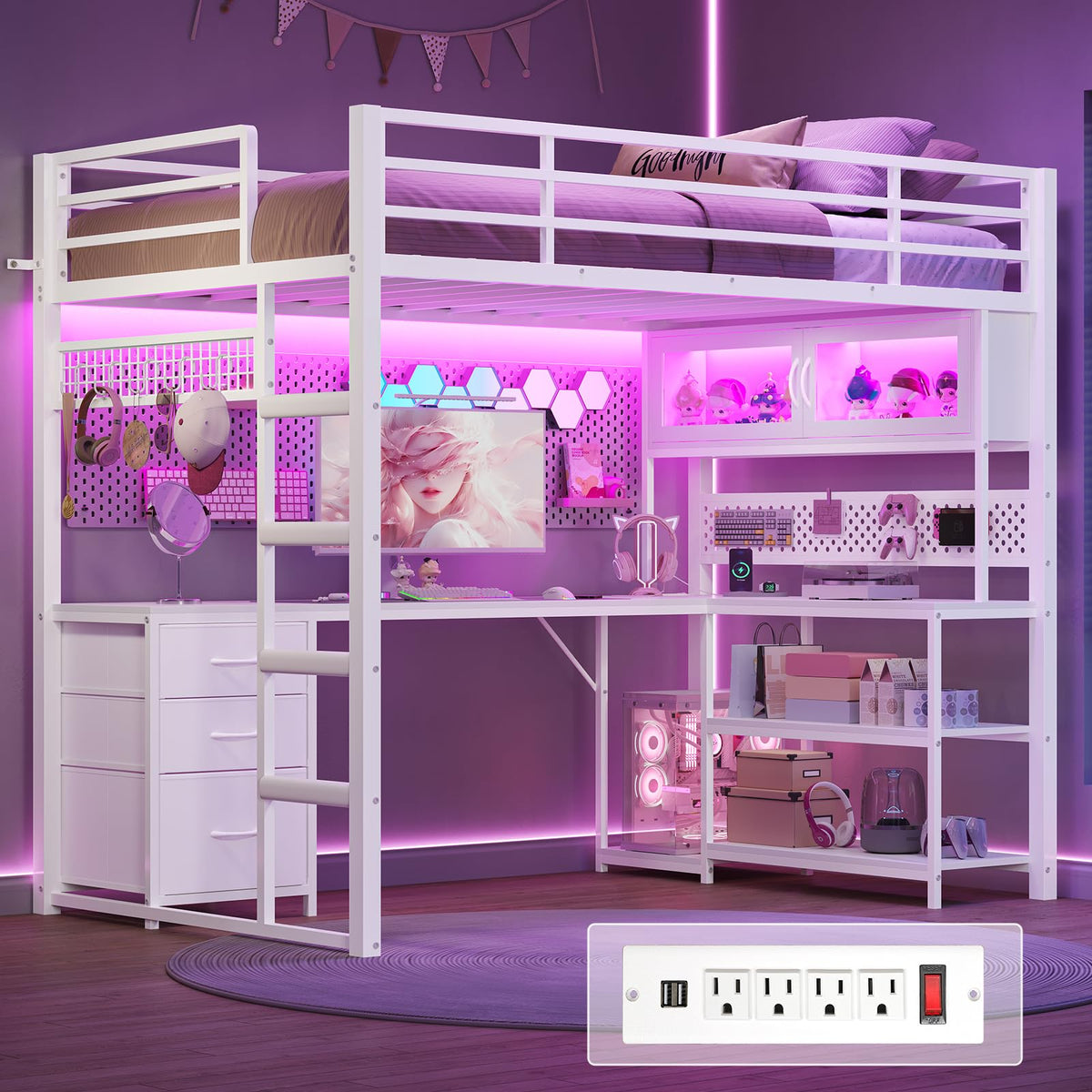 White Twin Gaming Loft Bed with Desk A935638