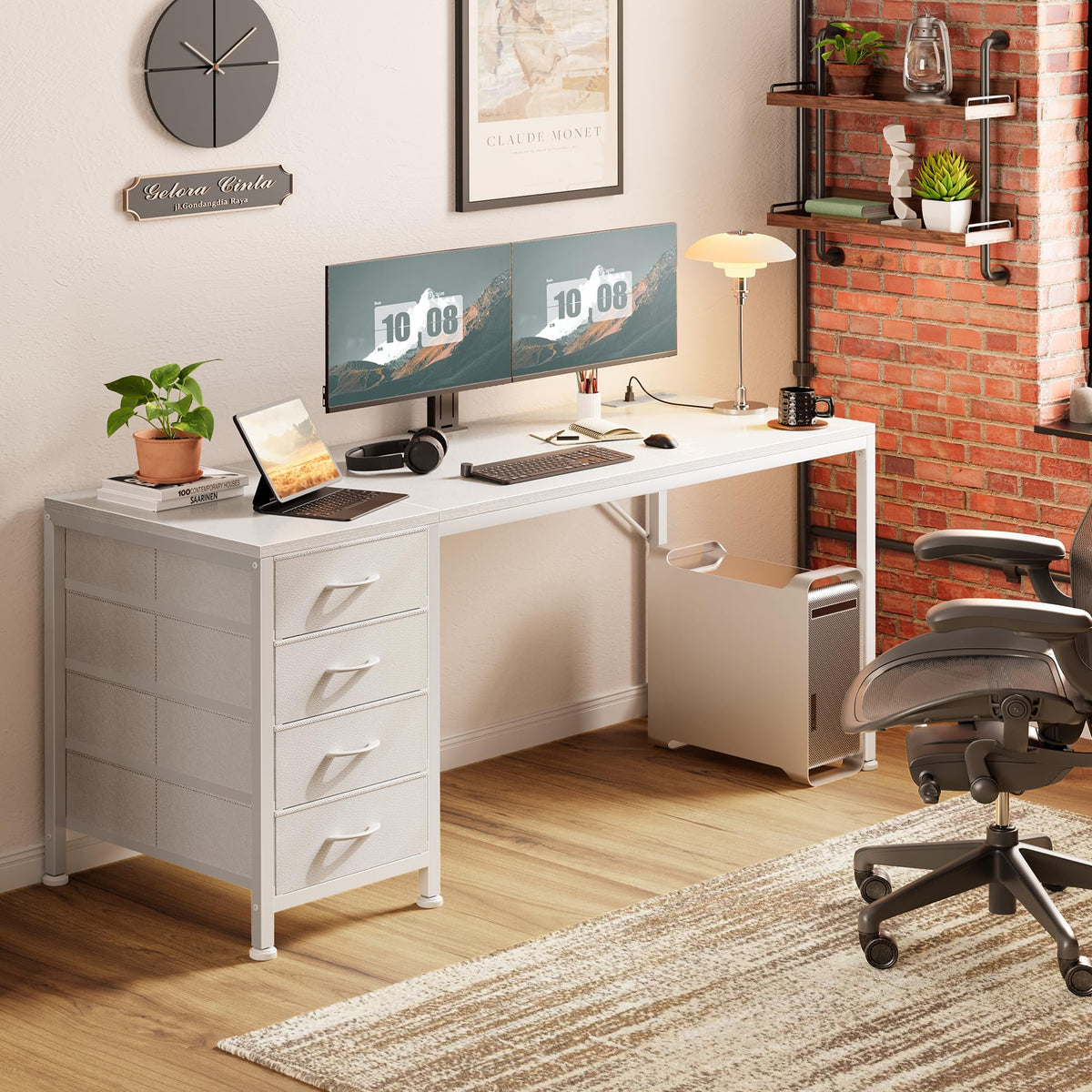 55.1 Inch White Desk with Power Outlets and USB-C Port Q335084