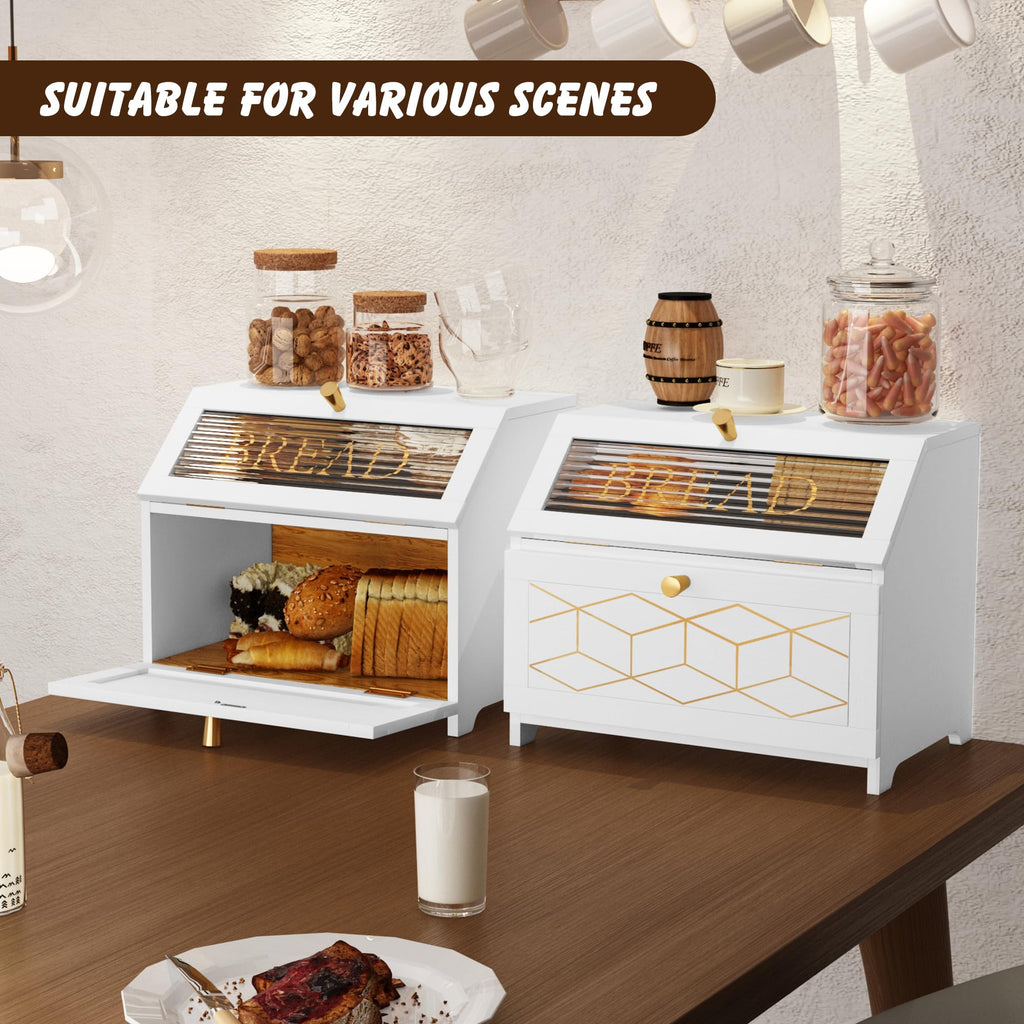 Double Layer Wooden Bread Box with Golden Trim X7668