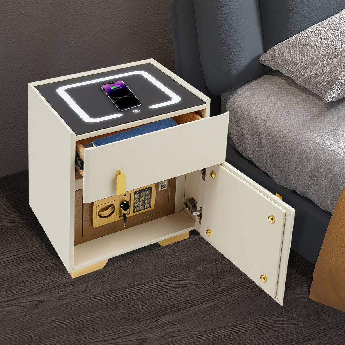 Smart Nightstand with Drawer and Safe, Wireless Charging, LED, USB L83628
