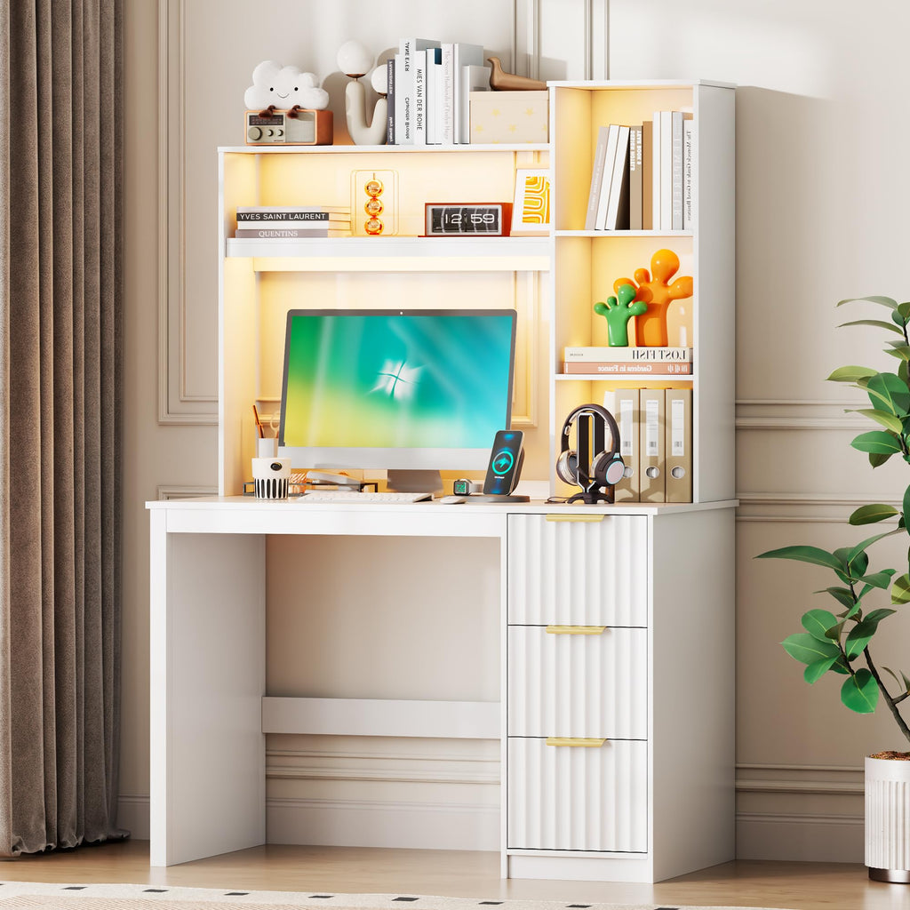 40” White Home Office Desk with Hutch and Drawers N276637