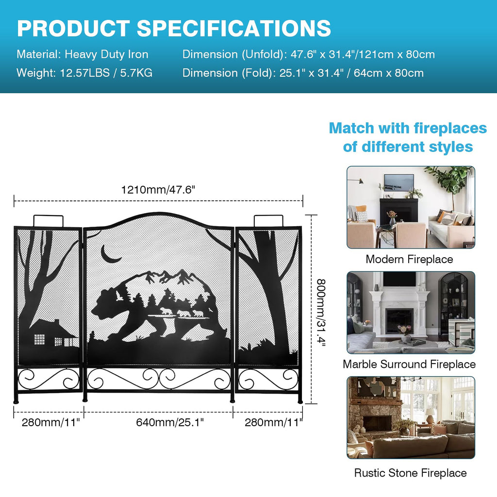 3-Panel Folding Metal Fireplace Screen Black T9022