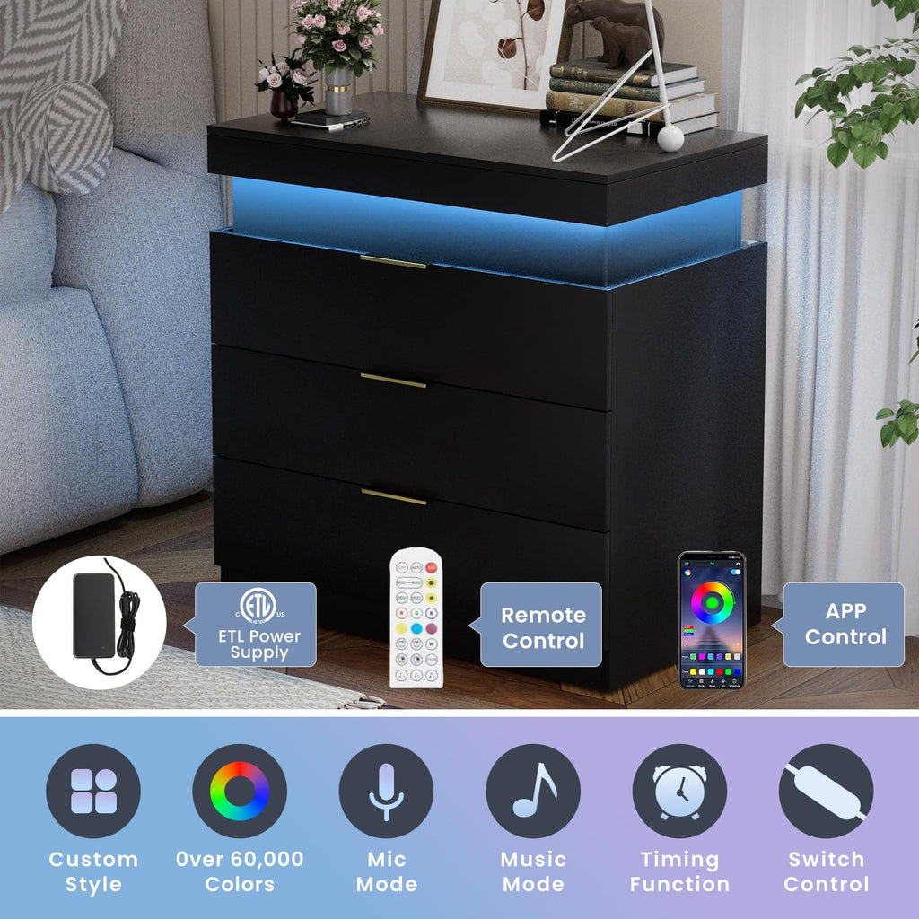 Black Nightstand with Charging Station and LED Lights I6667