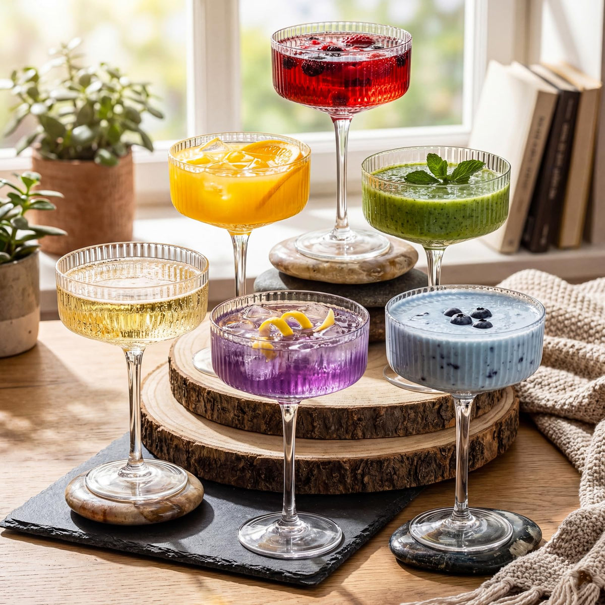 Set of 6 8 oz Clear Ribbed Coupe Glasses I37998