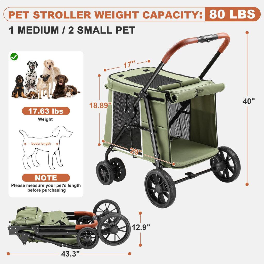 Medium Dog Stroller, One-Touch Folding, 360° Rotating Front Wheels, 80 lbs Weight Capacity, Green G935