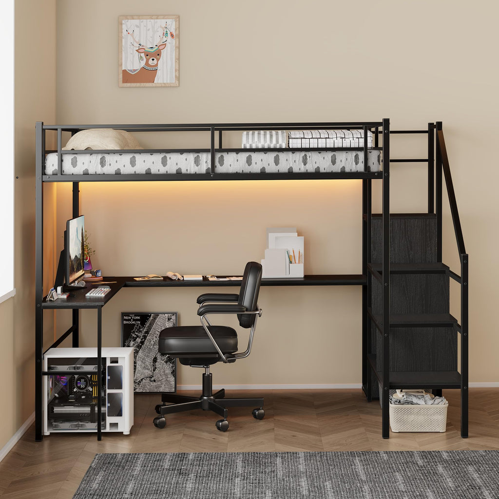 Full Size Metal Loft Bed with Desk & Storage Staircase E27552