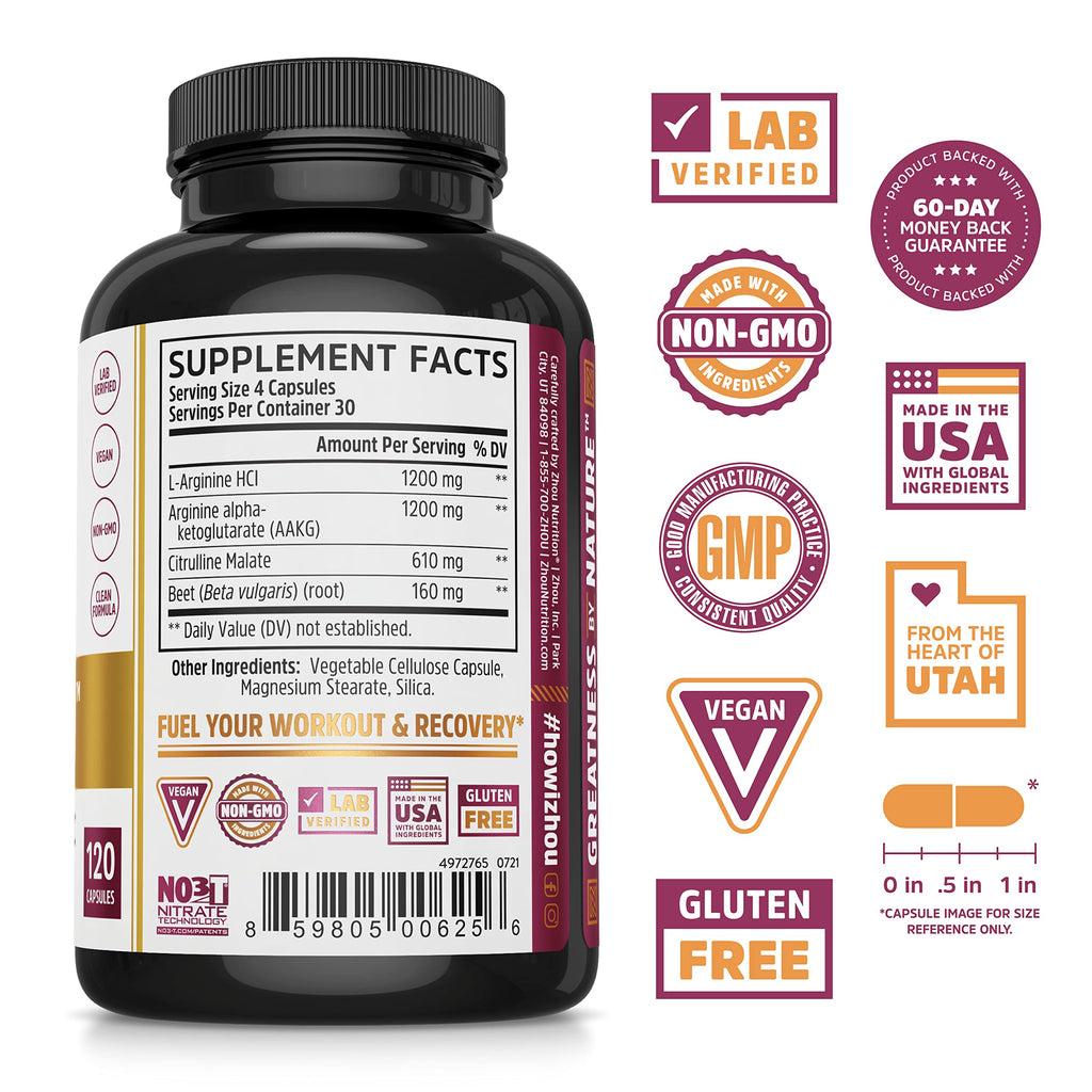 Nitric Oxide Supplement with Beet Root & L Arginine, 120 Veggie Capsules F990317