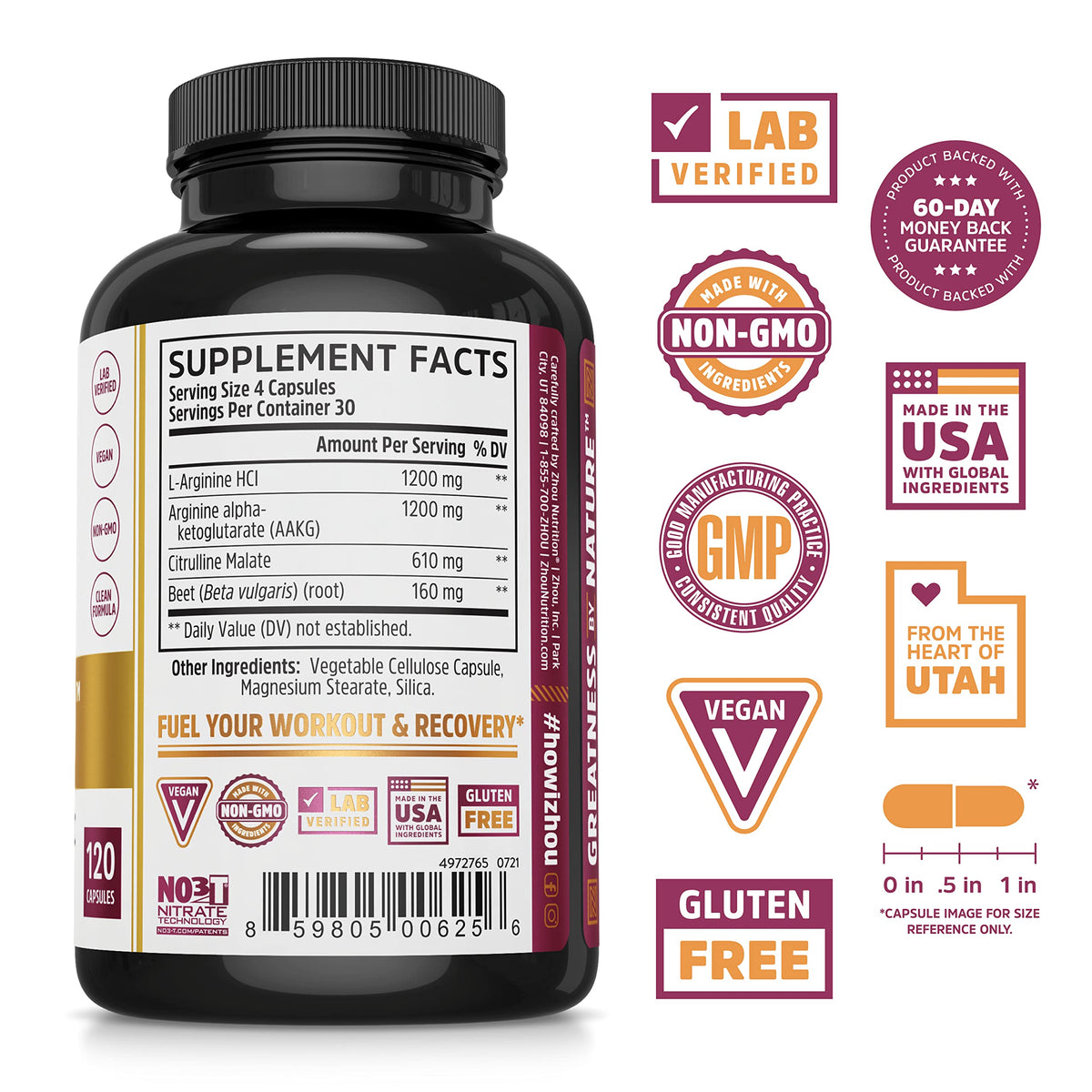 Nitric Oxide Supplement with Beet Root & L Arginine, 120 Veggie Capsules F990317