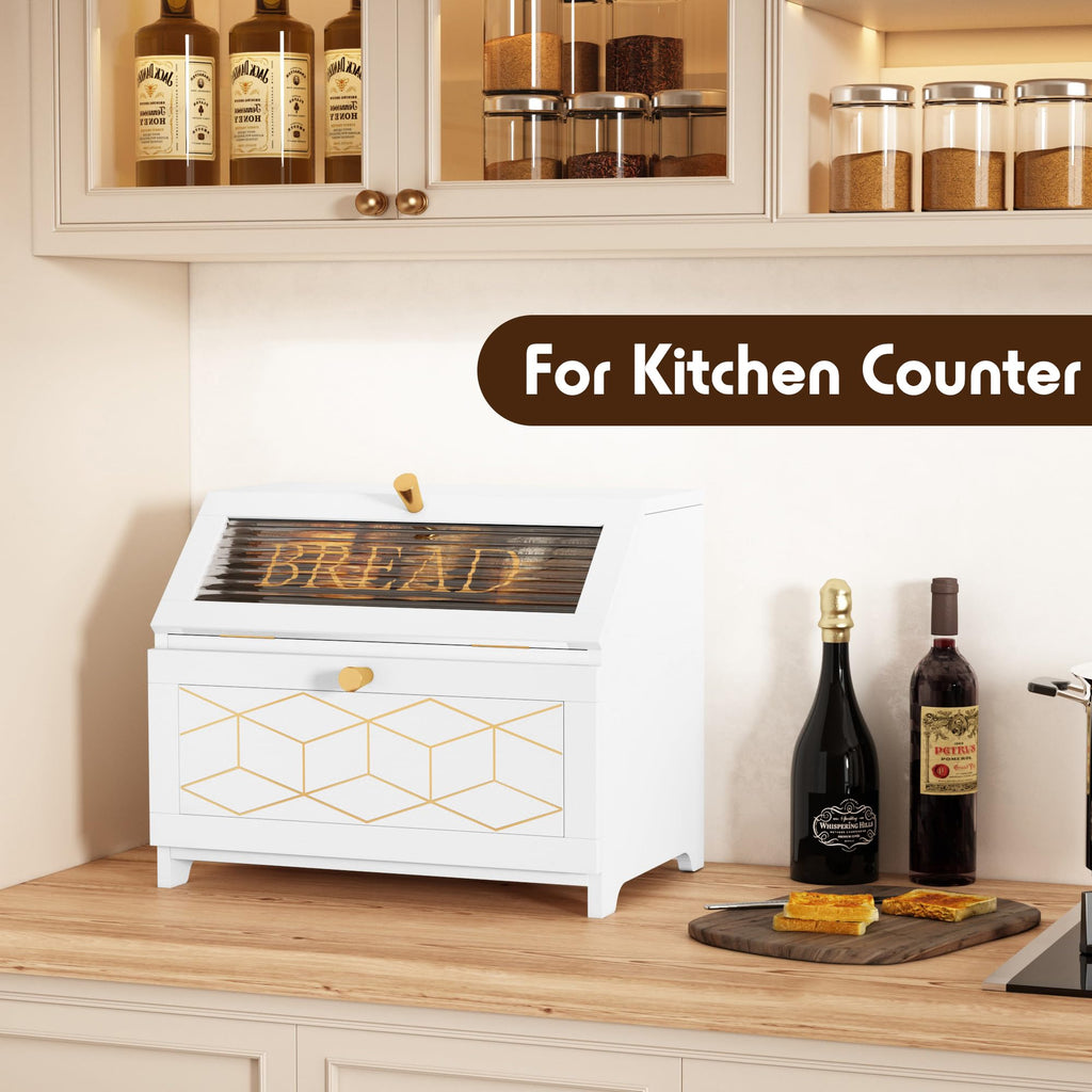 Double Layer Wooden Bread Box with Golden Trim X7668