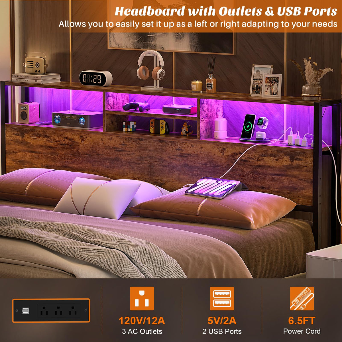 King Size Storage Headboard with Outlets M9260