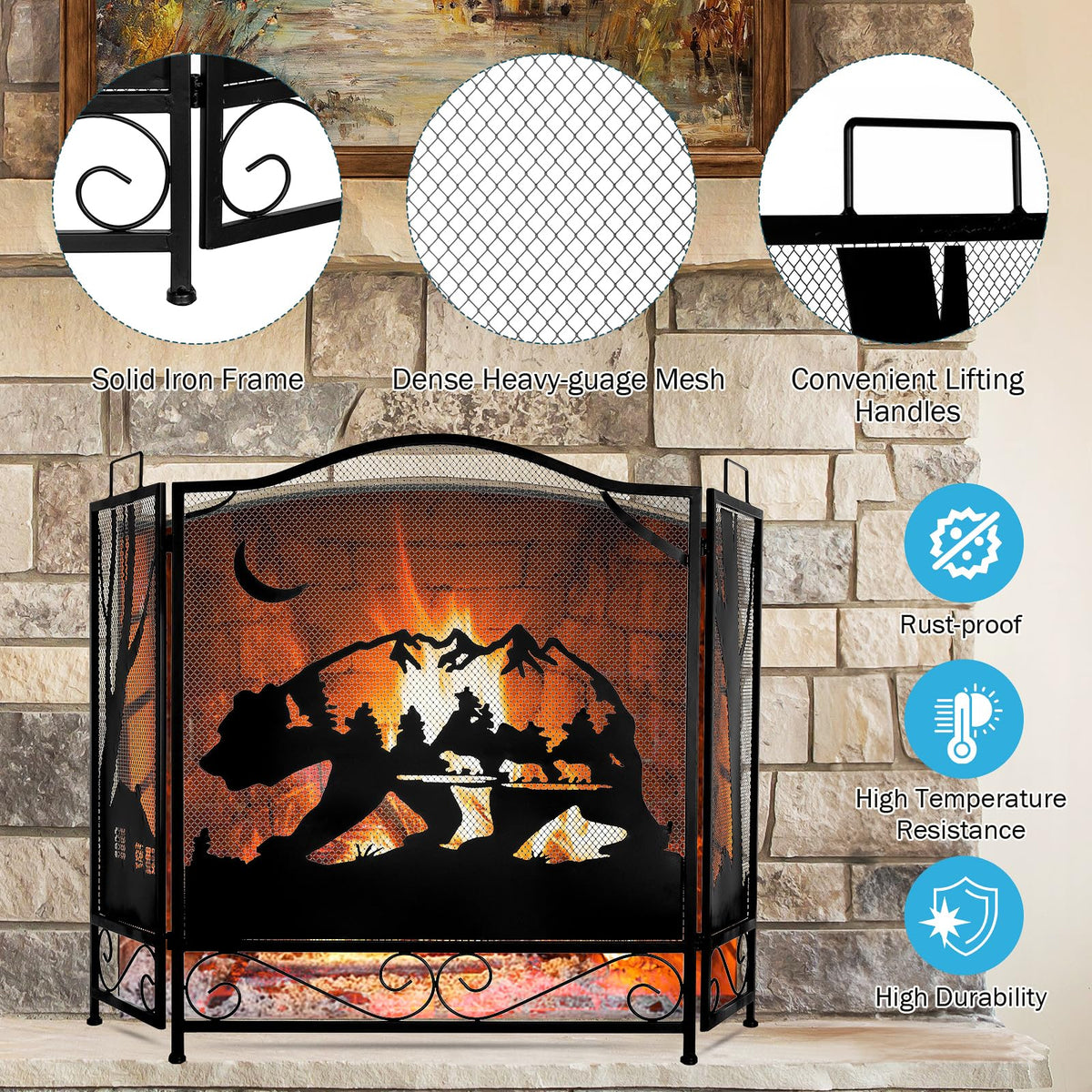 3-Panel Folding Metal Fireplace Screen Black T9022