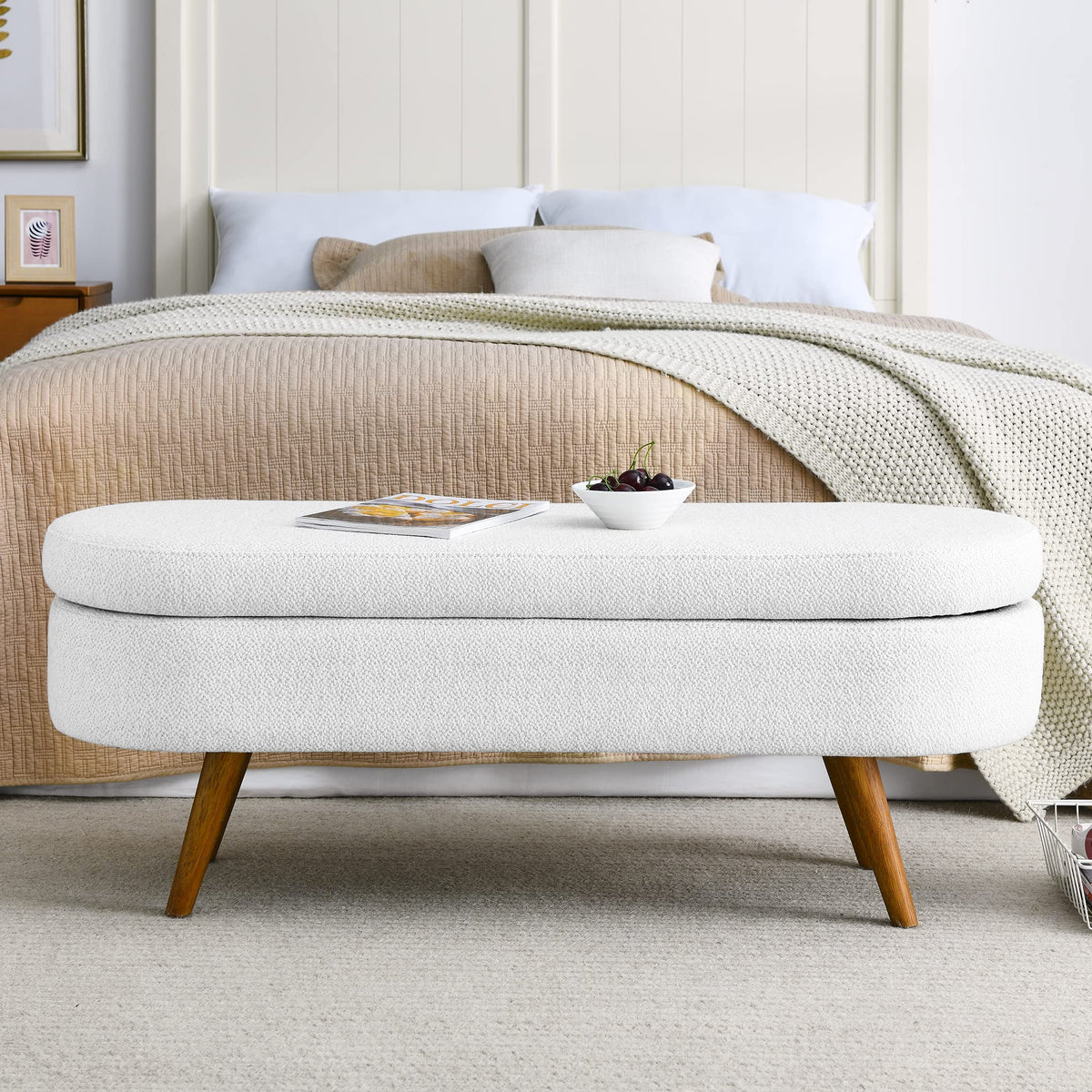 White Oval Storage Bench with Rubber Wood Legs A592336