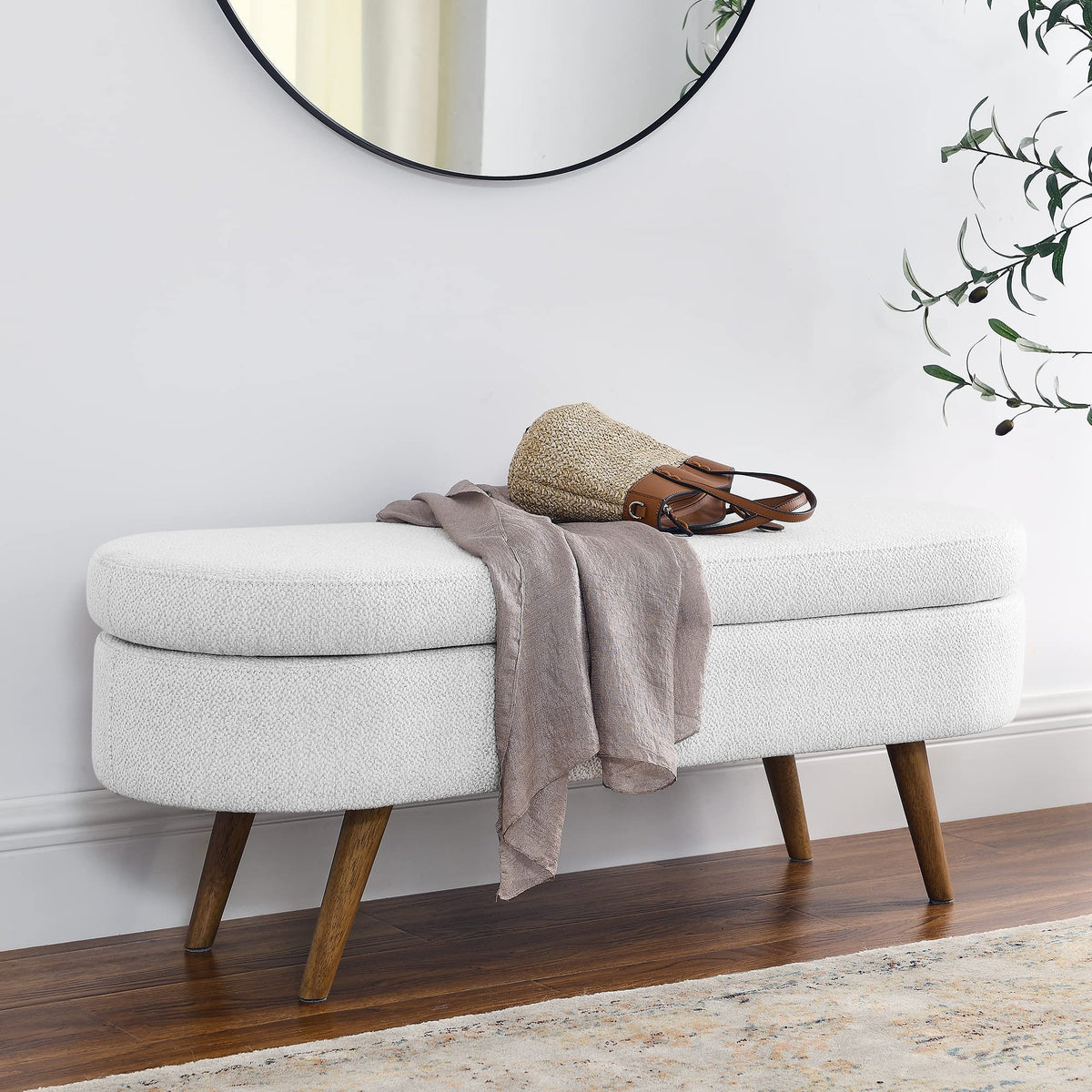 White Oval Storage Bench with Rubber Wood Legs A592336