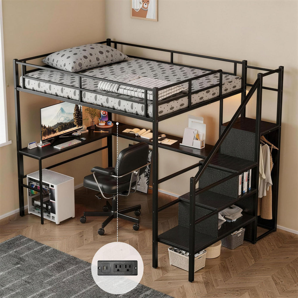 Full Size Metal Loft Bed with Desk & Storage Staircase E27552