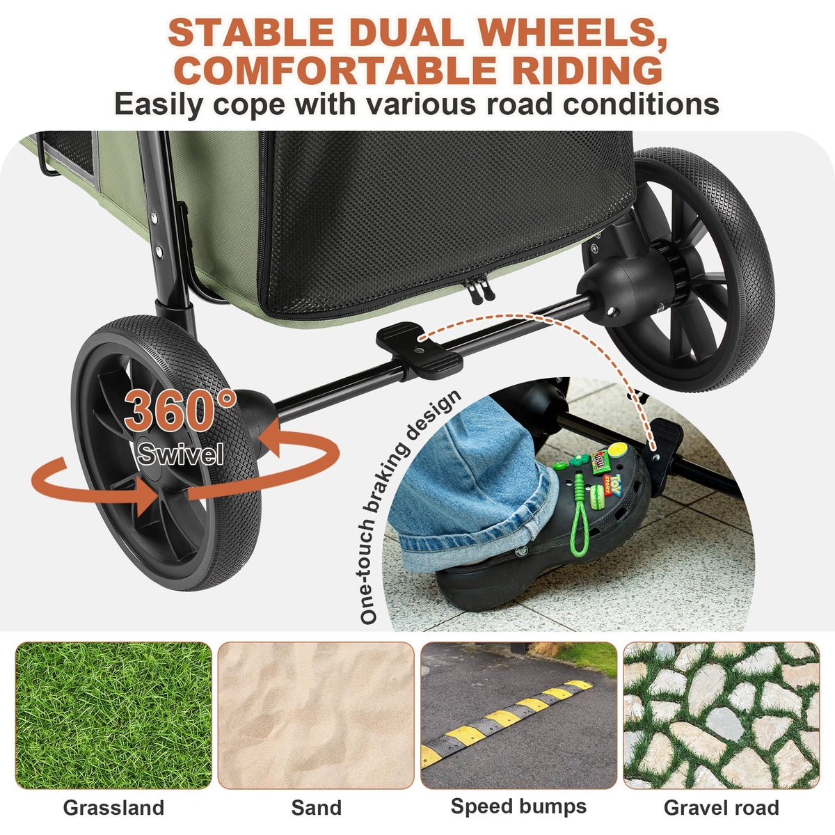 Medium Dog Stroller, One-Touch Folding, 360° Rotating Front Wheels, 80 lbs Weight Capacity, Green G935