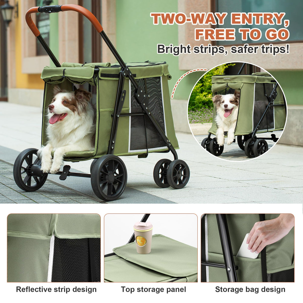 Medium Dog Stroller, One-Touch Folding, 360° Rotating Front Wheels, 80 lbs Weight Capacity, Green G935