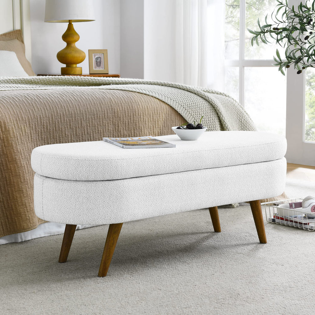 White Oval Storage Bench with Rubber Wood Legs A592336
